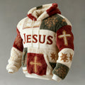 Comstylish Men's Christmas Jesus Patchwork Print Plush Warm Hoodie