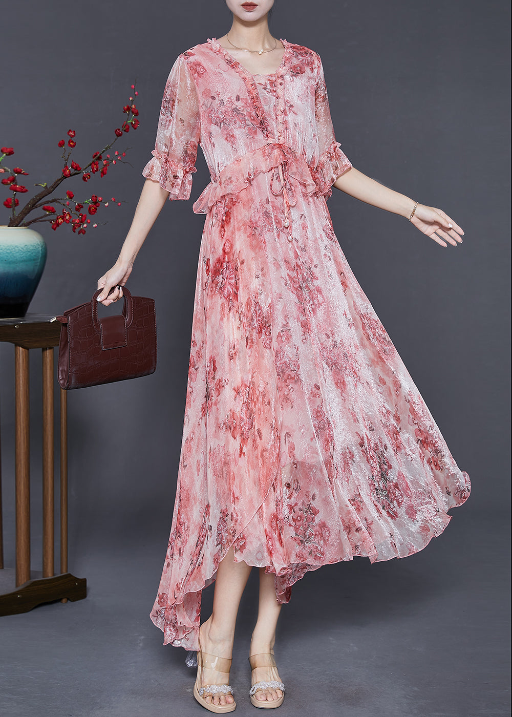 Pink Ruffled Print Silk Maxi Dresses Summer