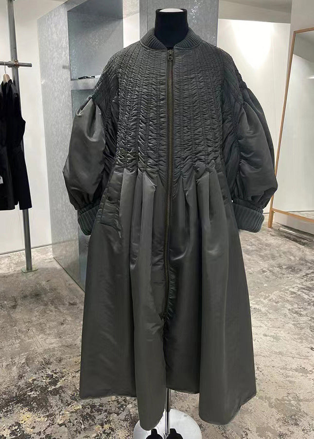 Grey Zip Up Wrinkled Pockets Patchwork Fine Cotton Filled Coat Winter