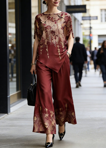 Classy Red O-neck Print Asymmetrical Silk Two Pieces Set Summer