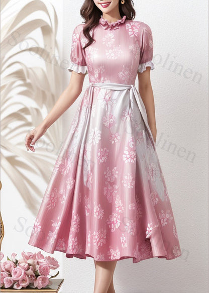 Unique Gradient Pink Ruffled Print Loose Silk Dresses Summer