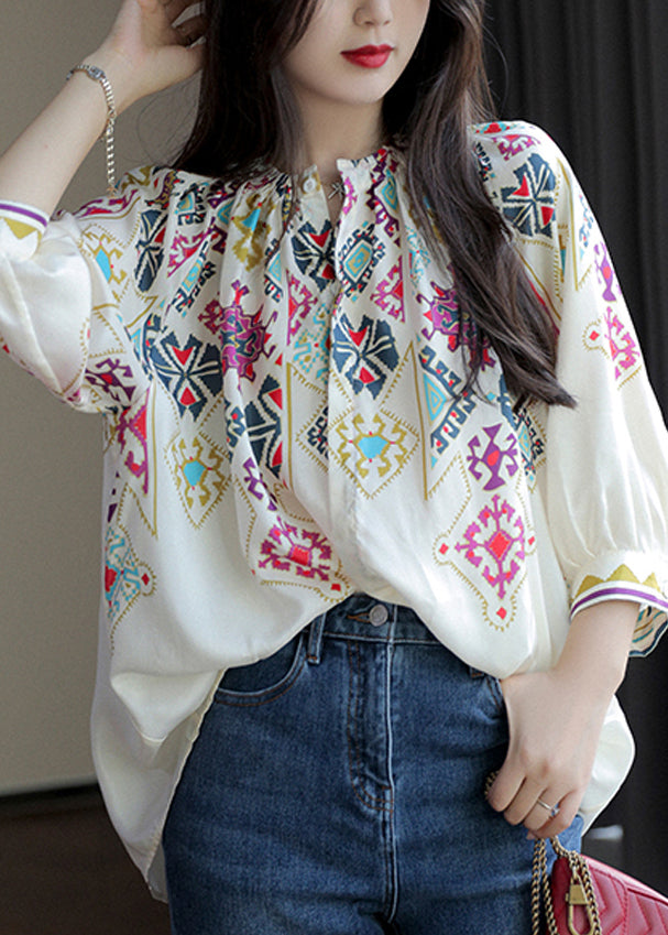 White O Neck Print Chiffon Shirt Spring