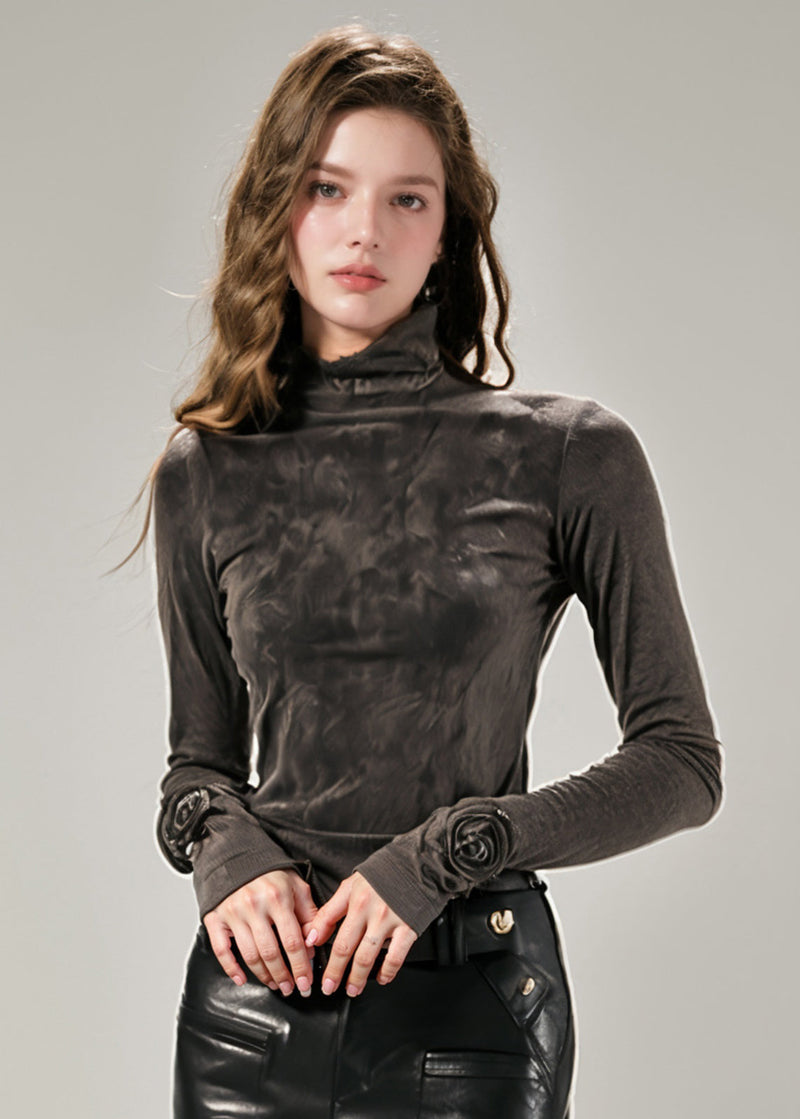 Grey Hign Neck Slim Fit Velour Blouse Top Fall