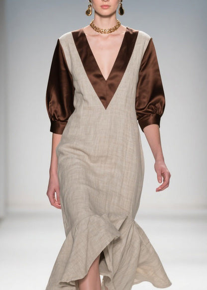 V Neck Ruffled Patchwork Linen Silk Dress Summer