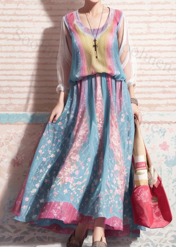 Colorblock Print High Waist Silk Dresses Summer