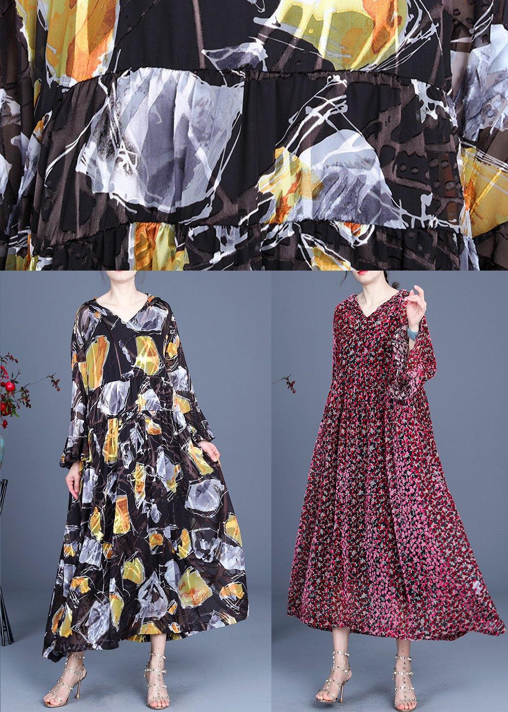 Yellow Print Hooded Cinched Mid Dress Summer Silk