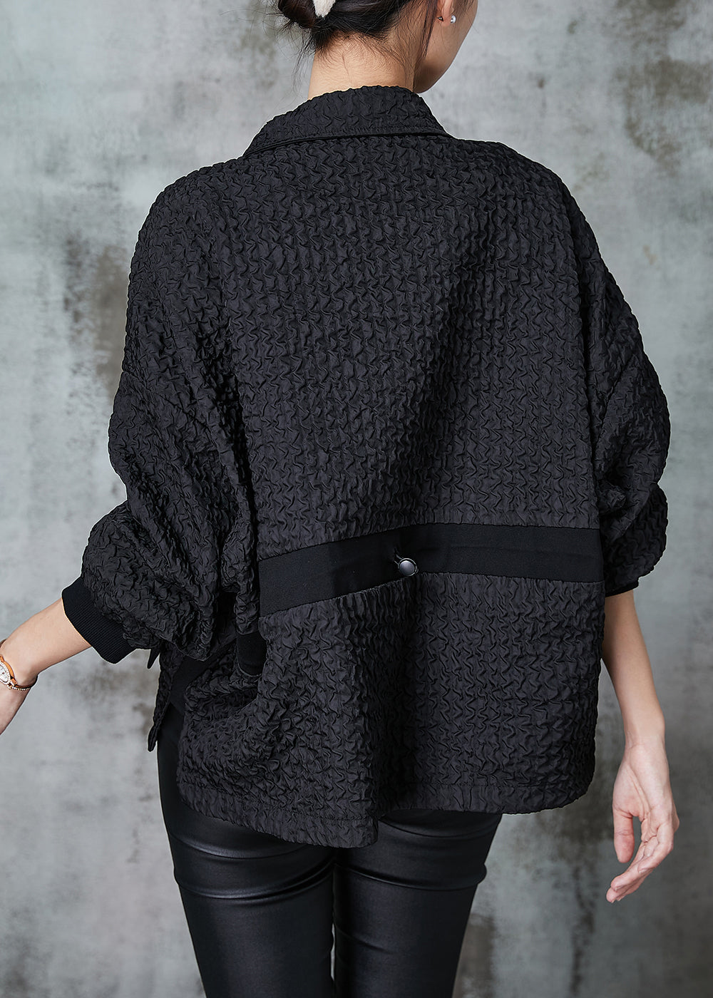 Black Zip Up Wrinkled Cotton Coat Outwear Spring