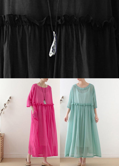 Rose O-neck Ruffled Long Dress Summer Chiffon Dress