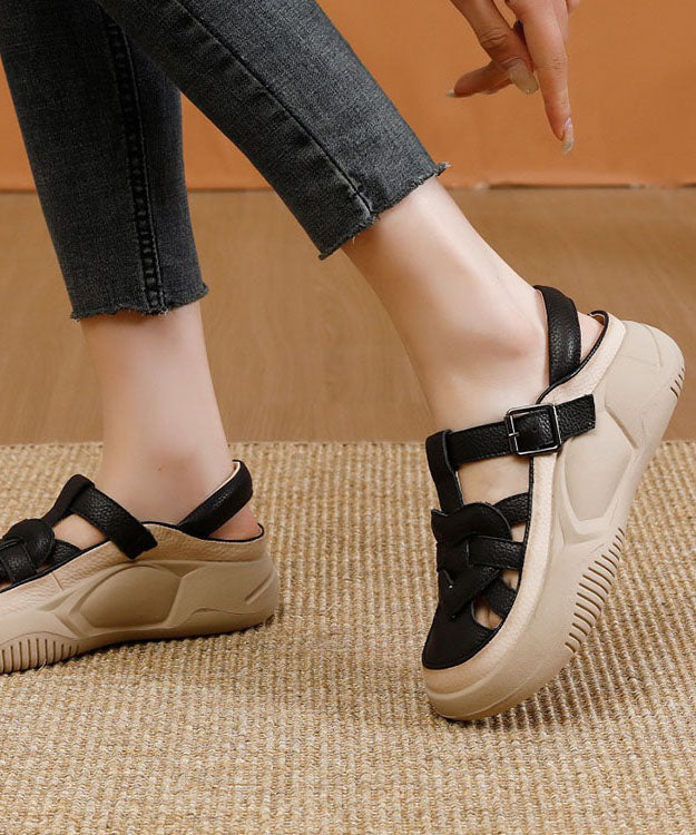 Diy Hollow Out Splicing Platform Sandals Black Faux Leather