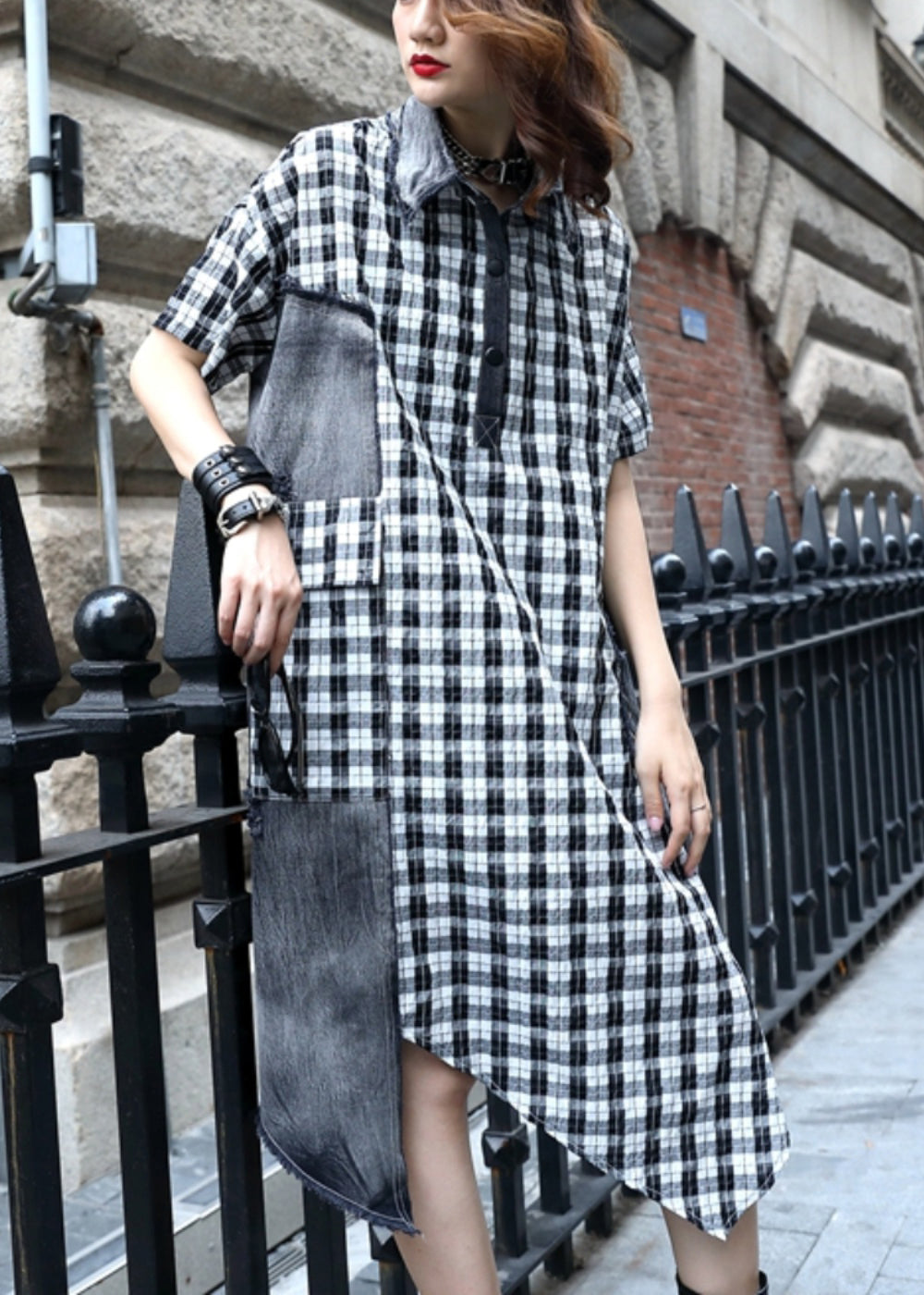 Plaid Button Patchwork Cotton Dress Summer