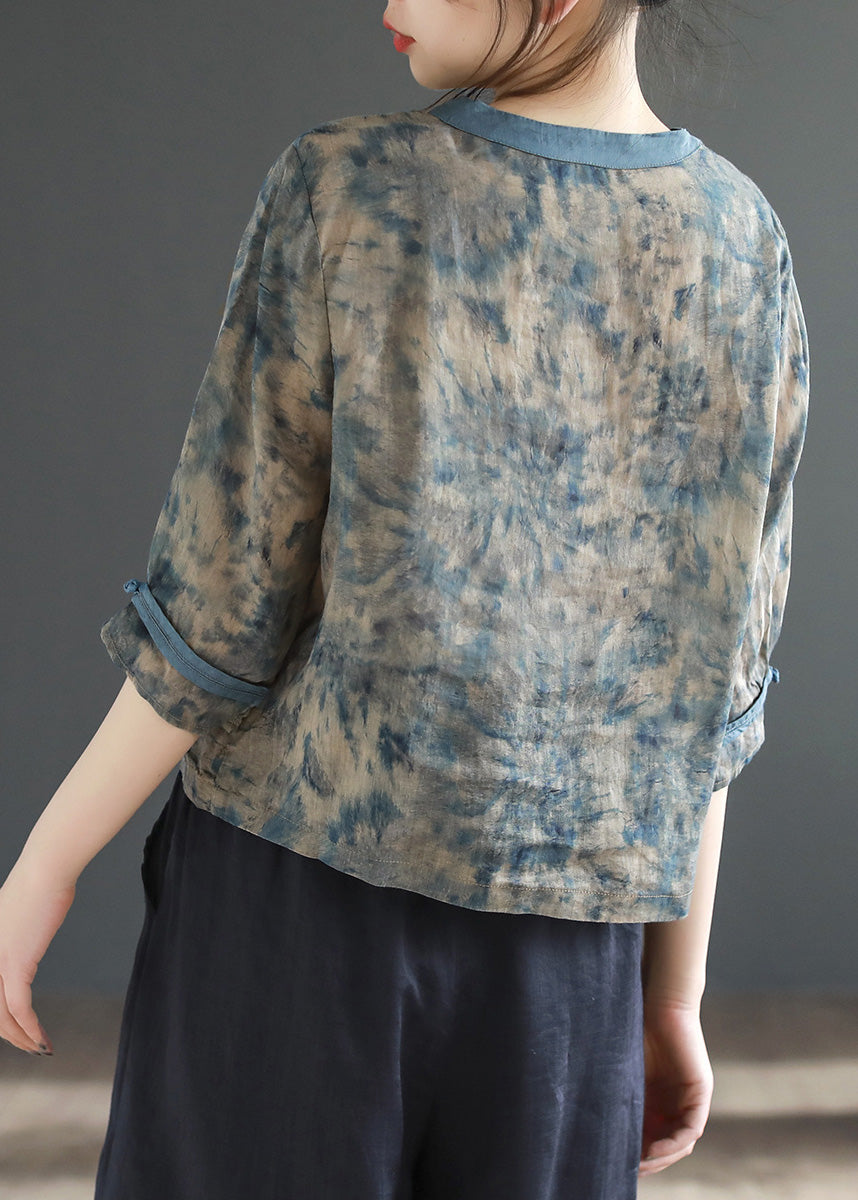 Grey Print Button Ramie Tops Half Sleeve