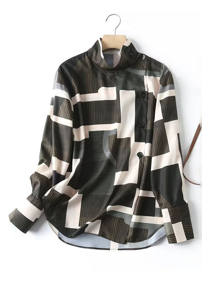 Dark Green Stand Collar Striped Patchwork Shirt Long Sleeve