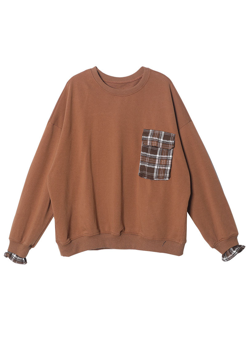 Chocolate Loose O-neck Pockets Fall Sweatshirts