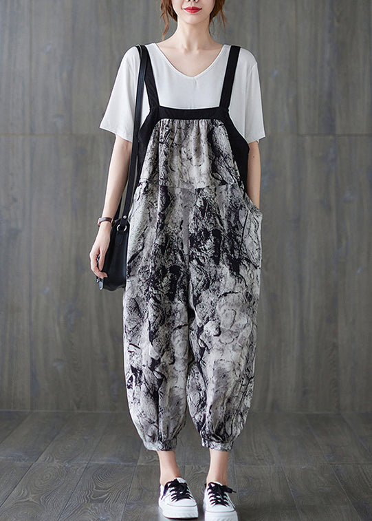 Art Ink Printing Pocket Patchwork Lantern Pant Strap Jumpsuit Spring
