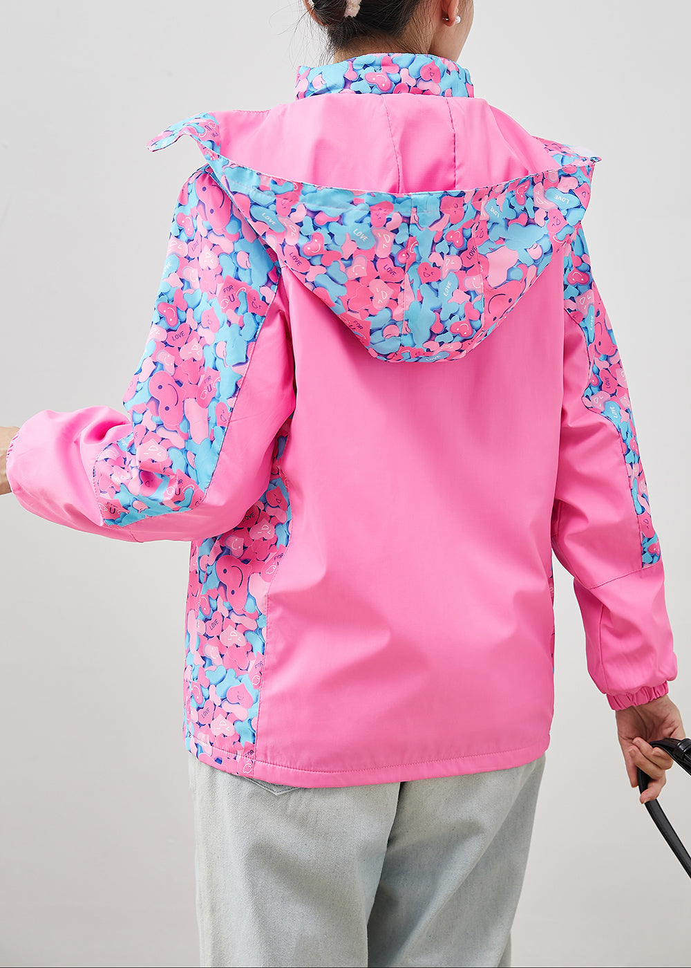 Pink Hooded Patchwork Print Spandex Coat Outwear Fall