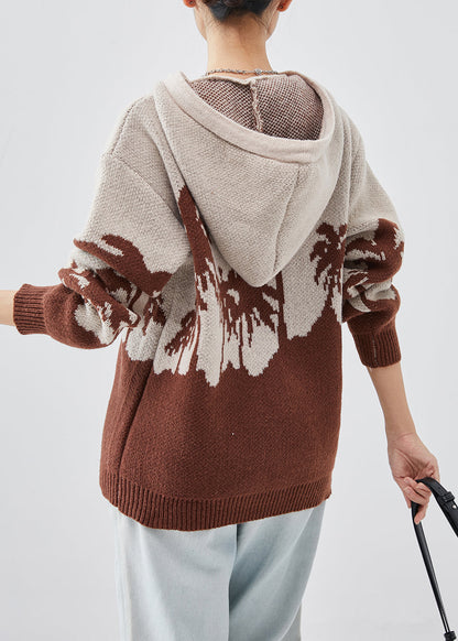 Khaki Hooded Jacquard Knit Sweatshirt Spring