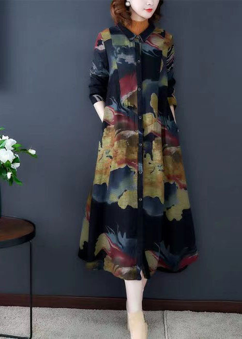 Black Turn-down Collar Print Cotton Long Trench Coats Long Sleeve
