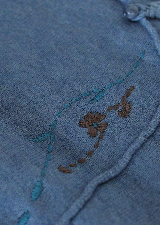 Blue Stand Collar Embroideried Thick Knitted Sweater Long Sleeve