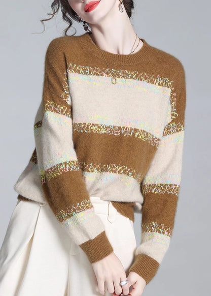 Yellow O Neck Striped Cashmere Knit Sweaters Winter
