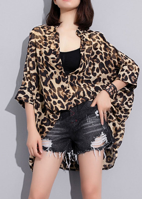 Low High Design Stand Collar Leopard Chiffon Shirts Spring