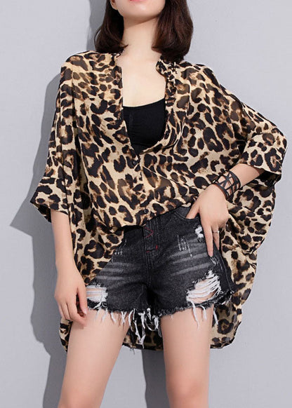 Low High Design Stand Collar Leopard Chiffon Shirts Spring