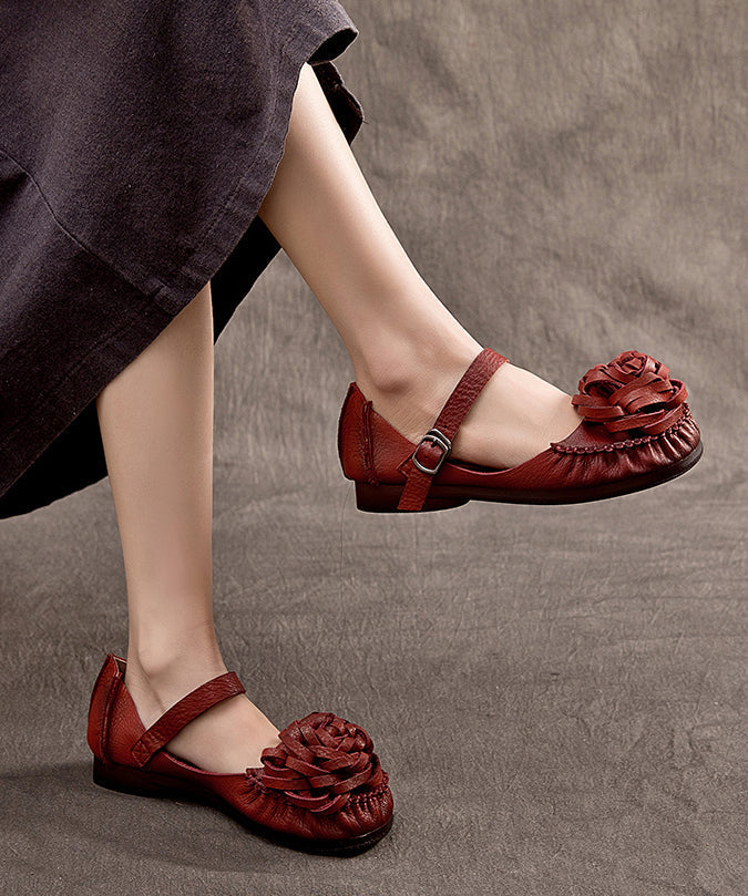 Mulberry Cowhide Leather Splicing Flower Buckle Strap Flats Shoes
