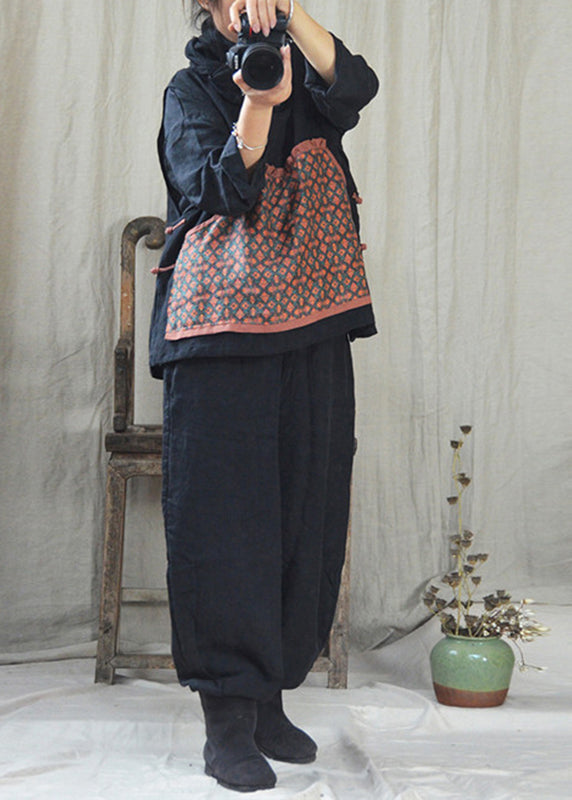 Black O-neck Print Linen Waistcoat and Pants Two Pieces Set Fall