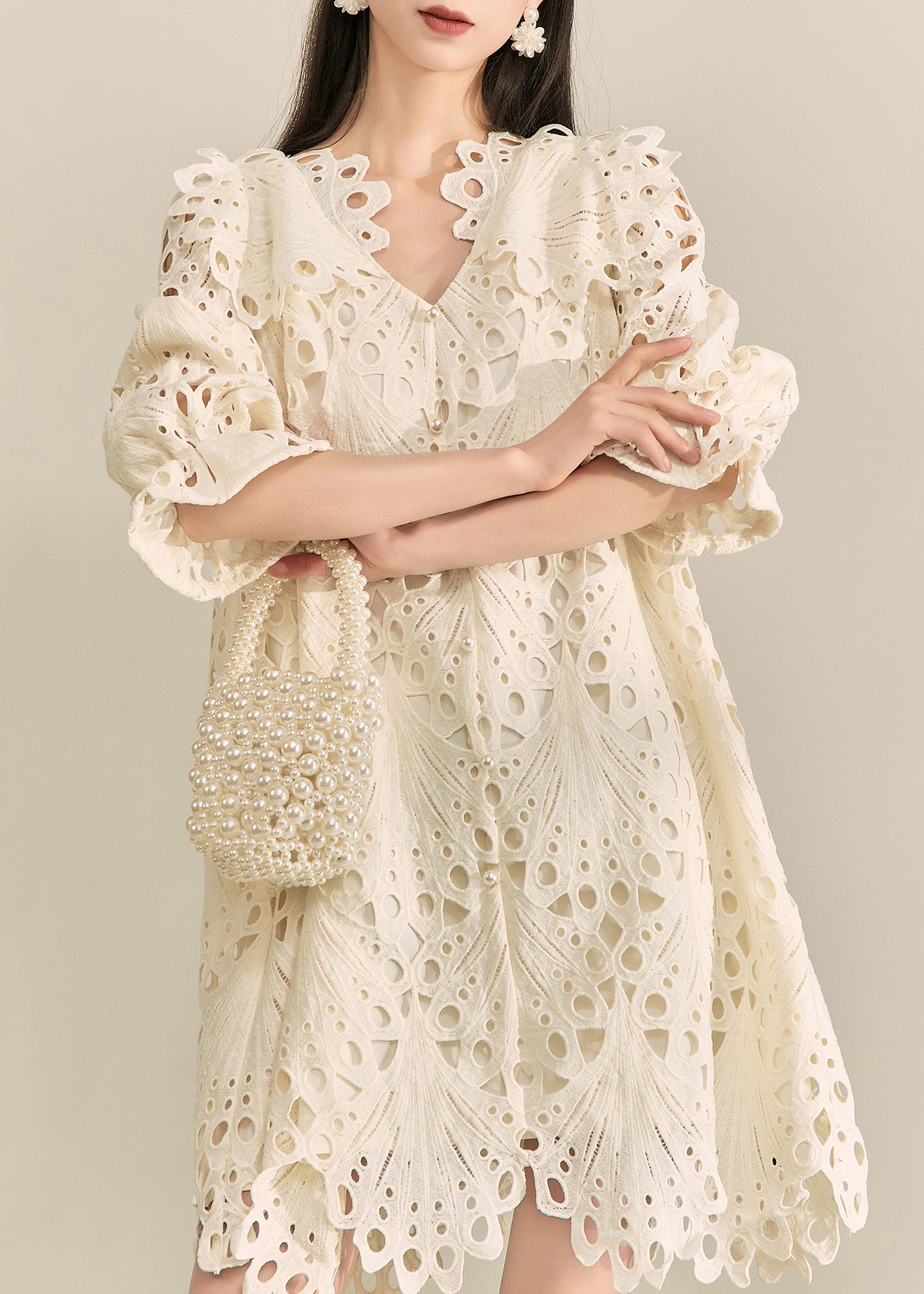 French White V Neck Hollow Out Holiday Mid Dress Fall
