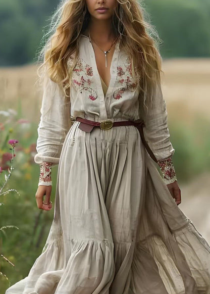 Beige V Neck Print Patchwork Cotton Long Dress Spring