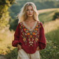 Retro Bohemian Floral Embroidery Art  Linen Blend Loose Blouse artswardrobe