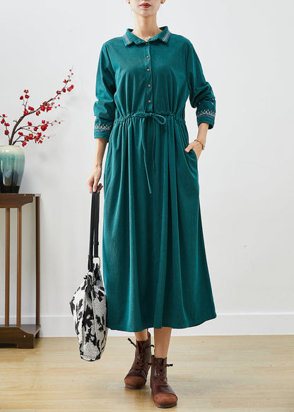 Blackish Green Embroideried Corduroy Cinched Dresses Fall