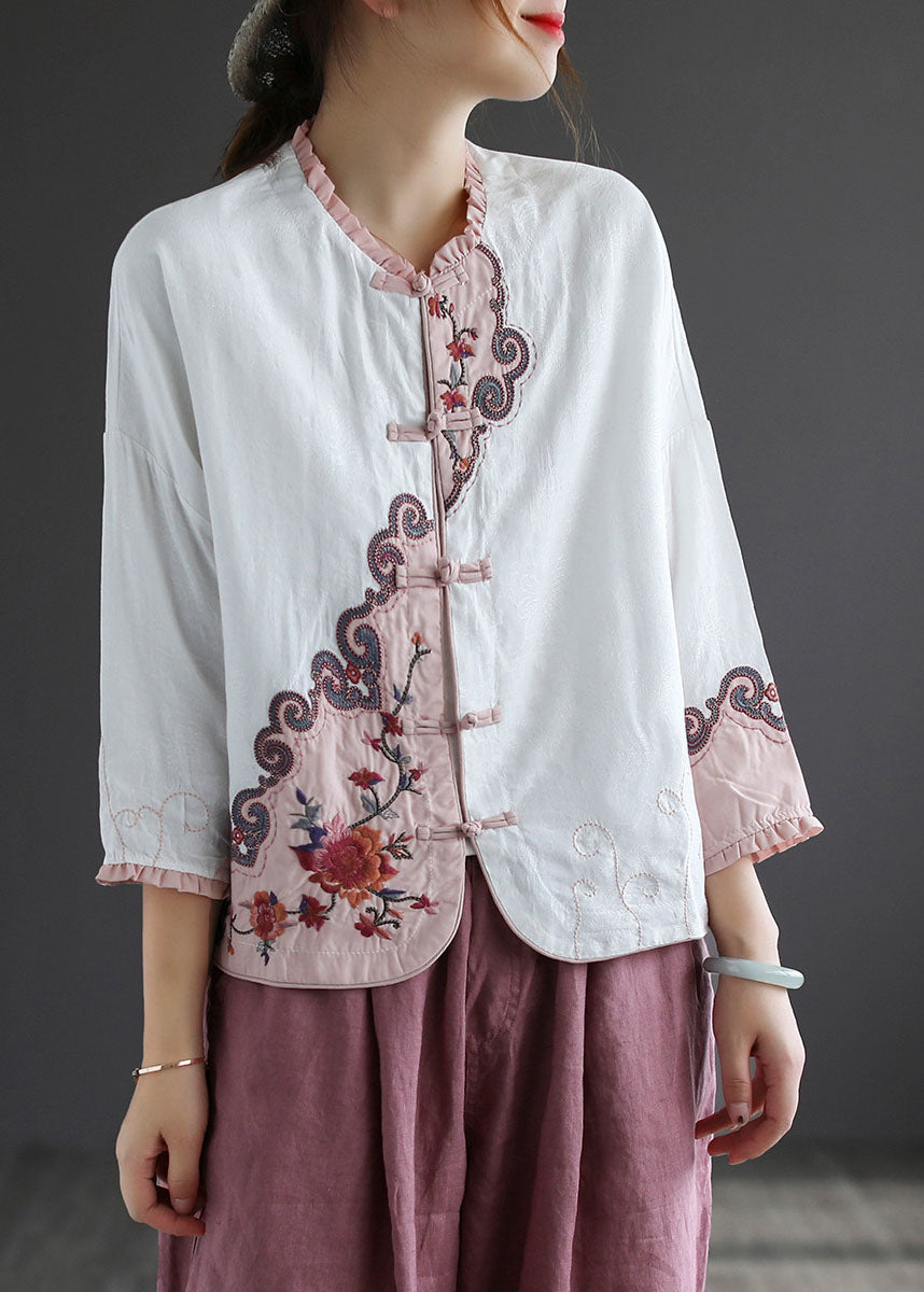 White Ruffled Embroideried Patchwork Cotton Tops Spring