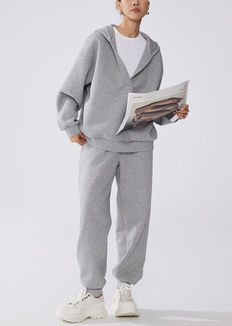Loose Grey Hooded Sweatshirt and Pants Warm Fleece Two Pieces Set Winter