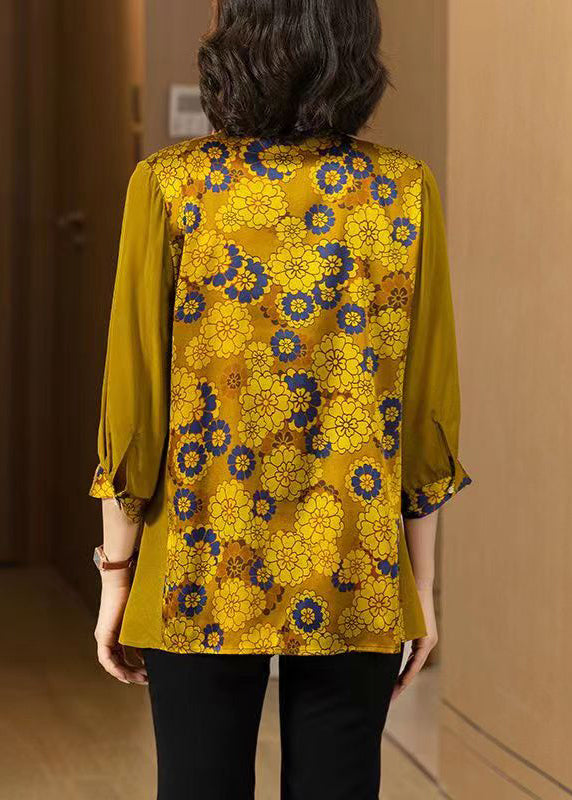 Yellow Print Button Patchwork Silk Shirt Bracelet Sleeve