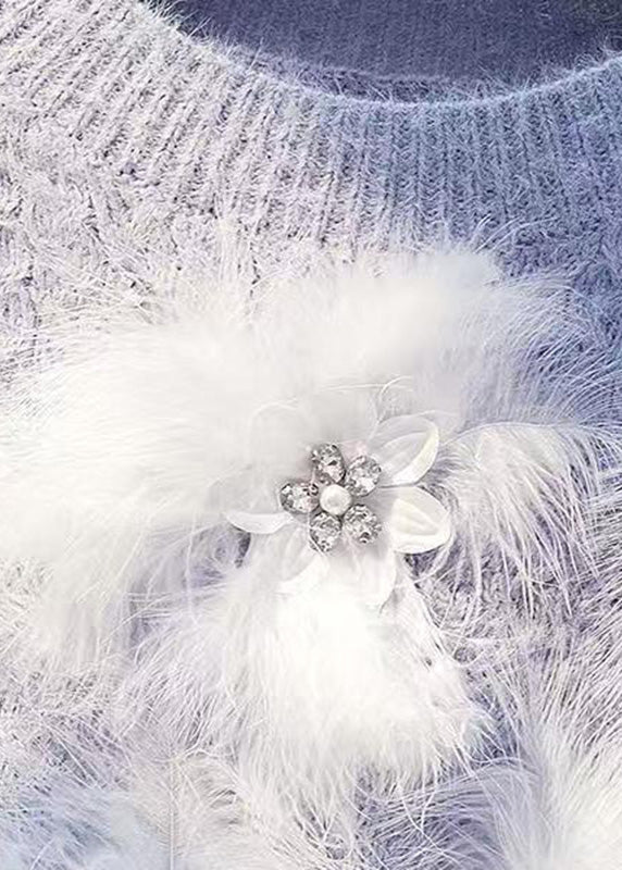 Blue O-neck Zircon Mink Hair Patchwork Thick Cotton Knit Sweater Winter