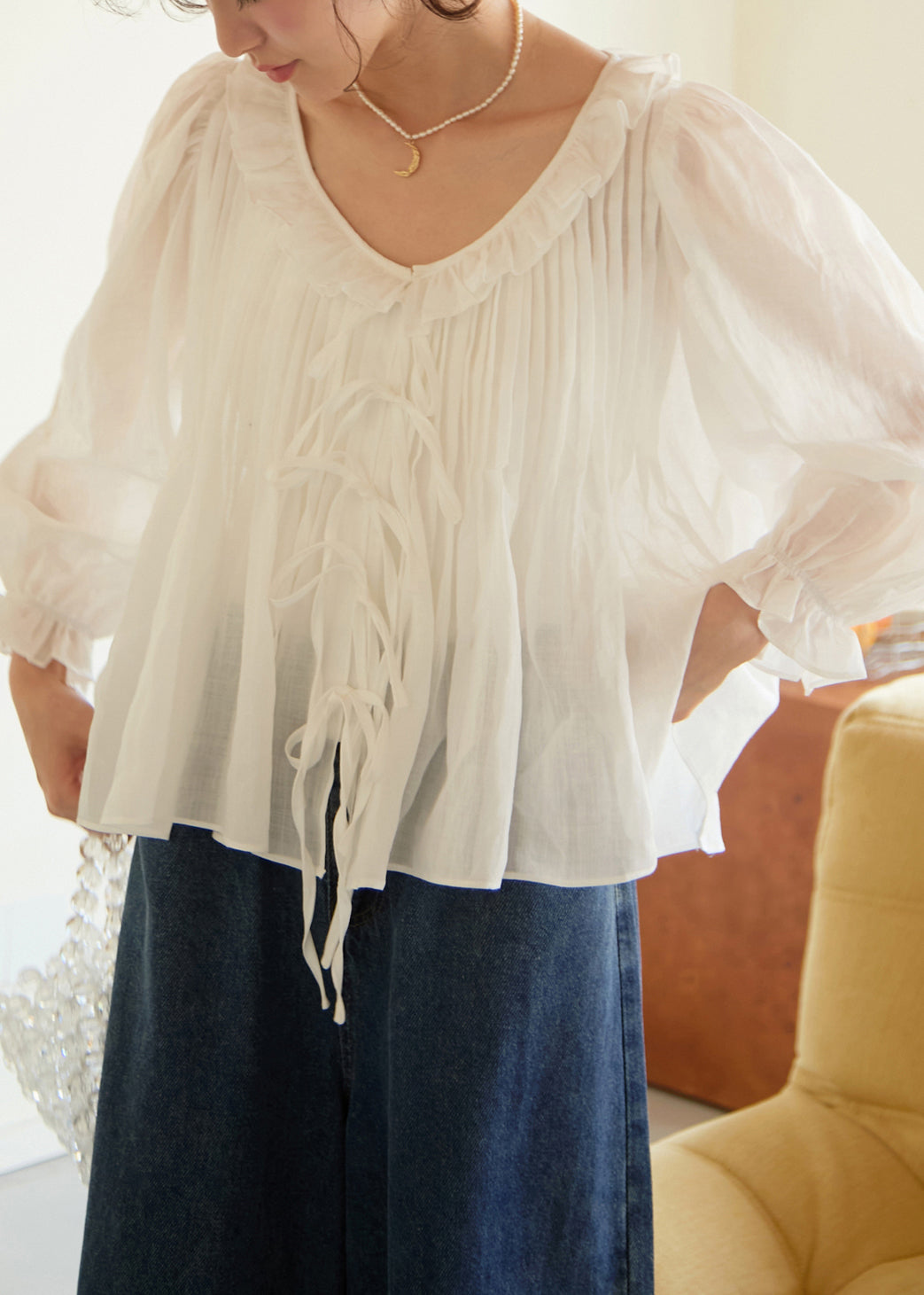 White Ruffled Patchwork Linen Shirts Lantern Sleeve Fall