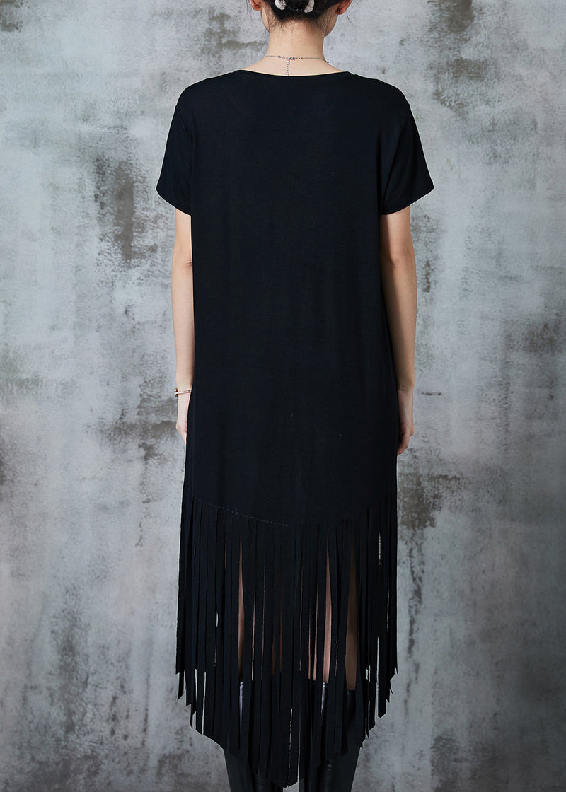 Fitted Black Tasseled Cotton Holiday Dress Summer