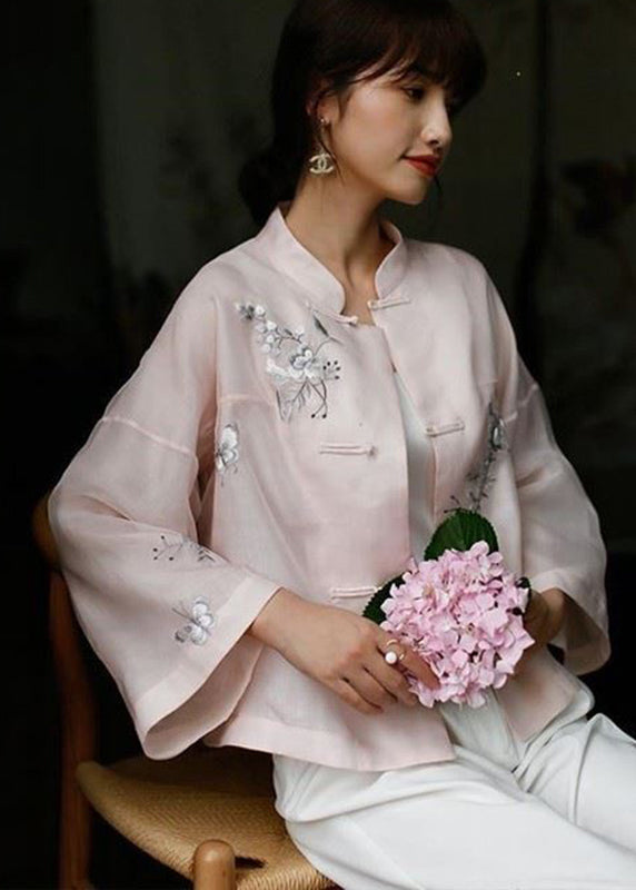 Pink Stand Collar Embroideried Button Top Long Sleeve