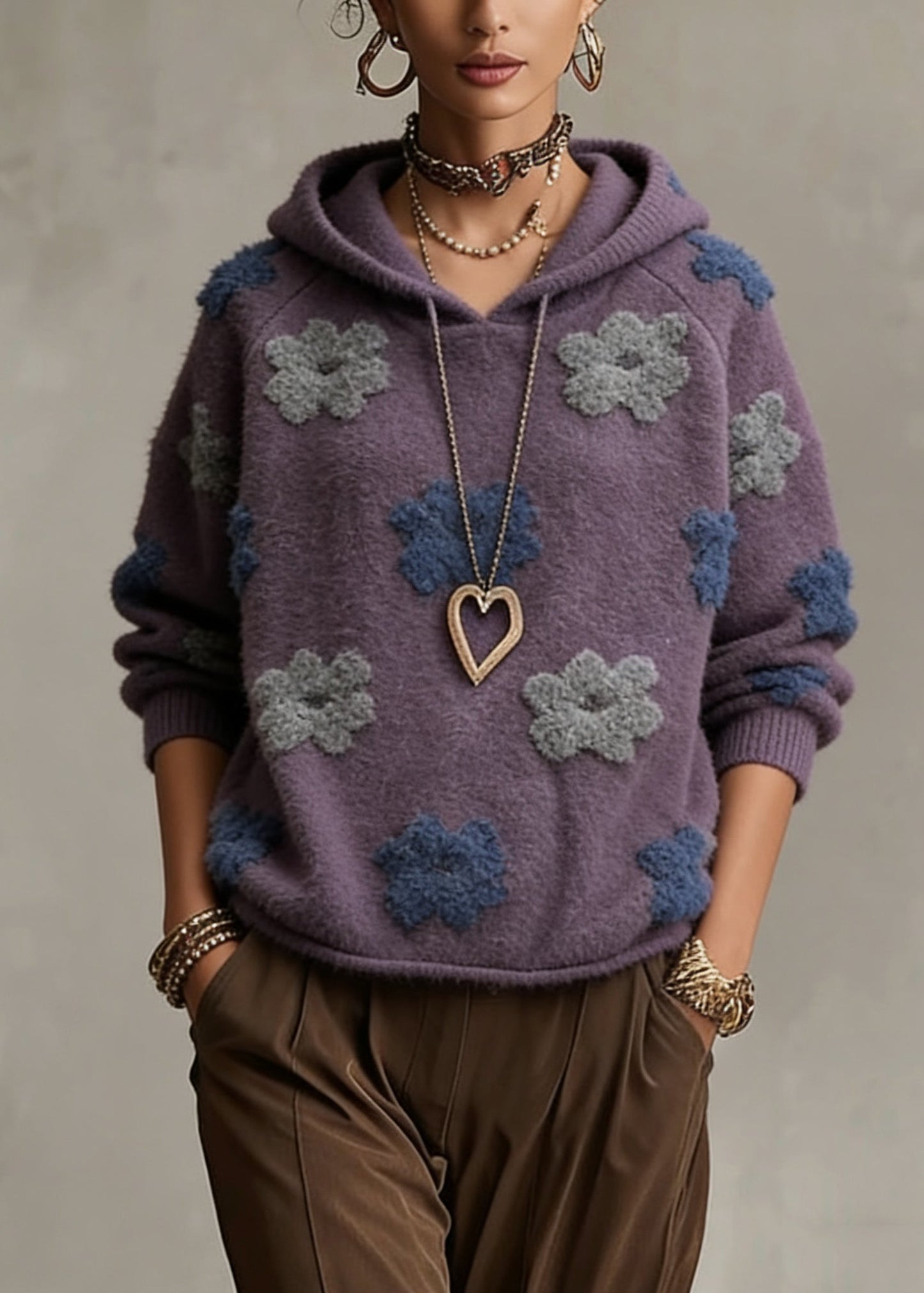 Purple Hooded Cotton Knit Sweaters Spring