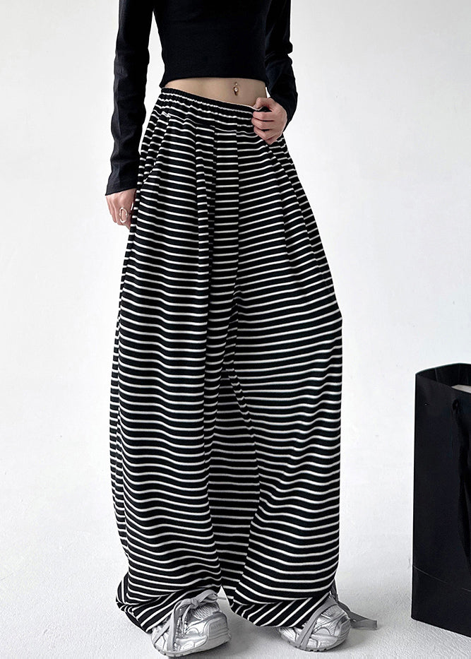 Black White Striped Elastic Waist Wide Leg Pants Spring