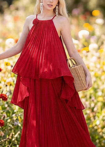 Red Asymmetrical Pleated Chiffon Two Pieces Set Summer