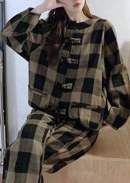 Deep Chocolate Plaid Warm Fleece Two Piece Outfit O-neck Button Spring