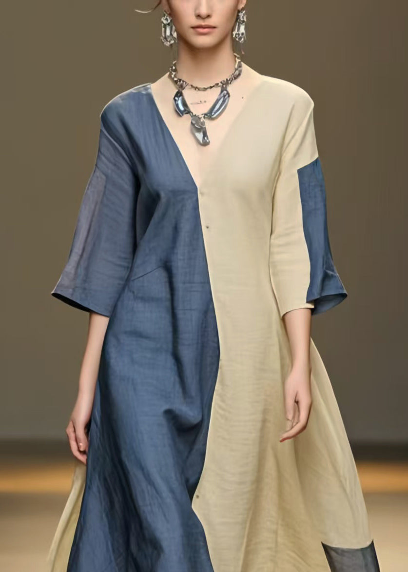 Colorblock Asymmetrical Patchwork Cotton a Line Dress Summer