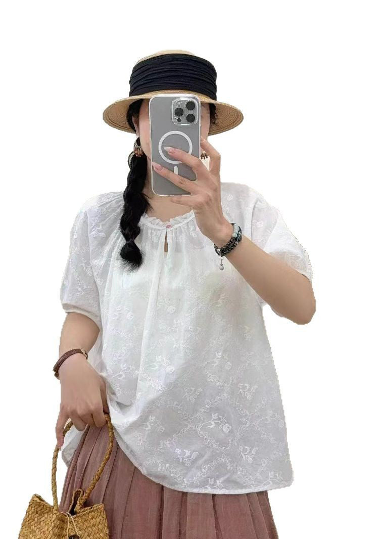 White Ruffled Embroidered Cotton Shirt Tops Summer