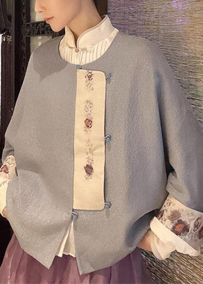 Grey O Neck Button Patchwork Woolen Jacket Winter