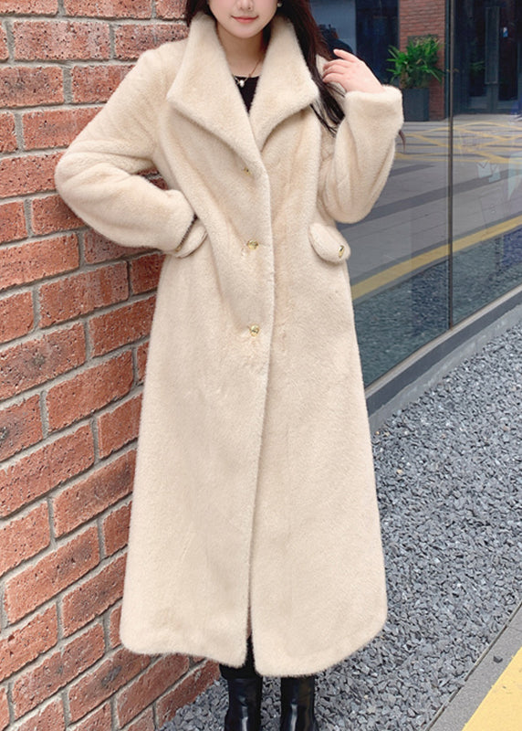 Beige Notched Button Thick Leather and Fur Long Coats Winter