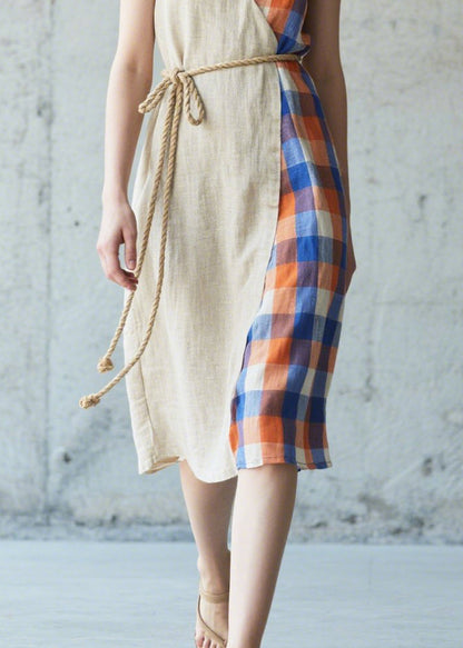 Beige Asymmetrical Patchwork Linen Cami Dresses Summer