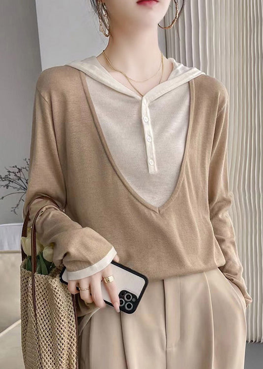 Coffee Hooded Patchwork False Two Pieces Cotton Knit Tops Fall