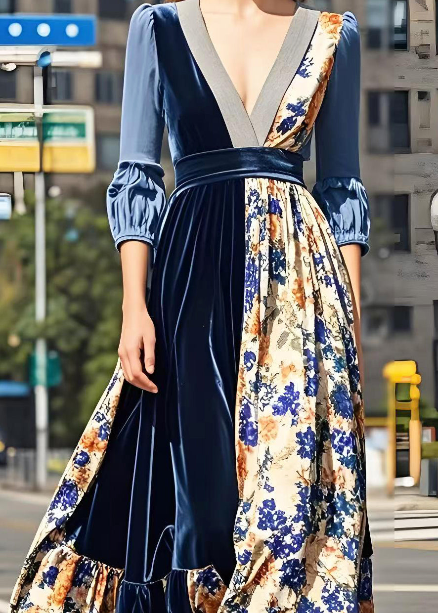 Print Patchwork Exra Large Hem Silk Velour Long Dresses Spring
