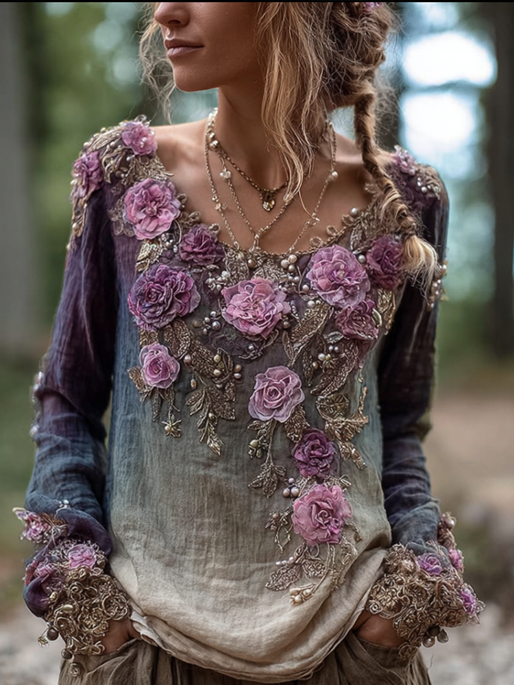 Comstylish Bohemian Style Round Neck Long Sleeve 3d Purple Flower Design Cotton And Linen Top For Women
